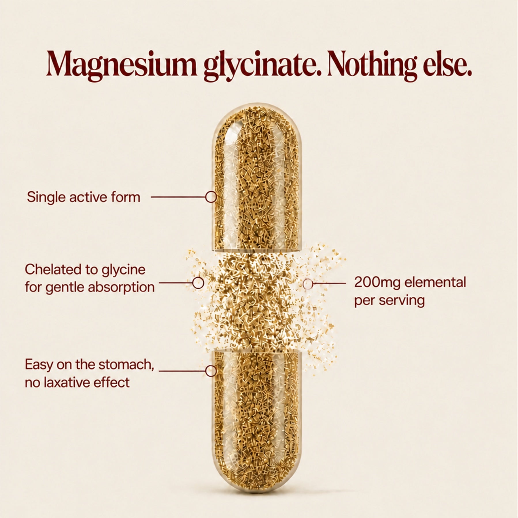 Magnesium bisglycinate capsule detail: single active form, chelated to glycine for gentle absorption, easy on the stomach, 200mg elemental per serving