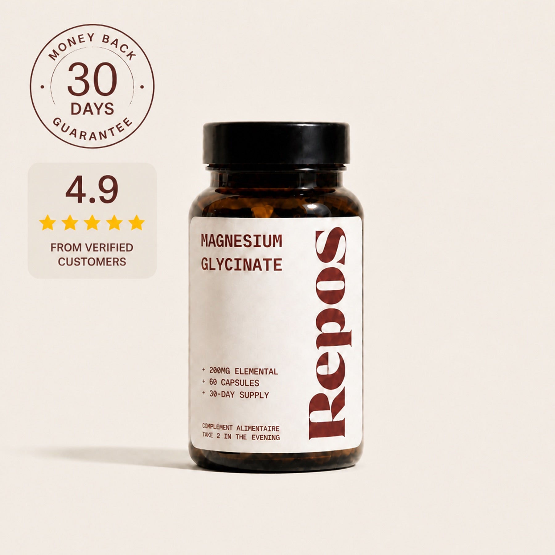 Repos magnesium glycinate jar with wind-down benefit claim and guarantee badges