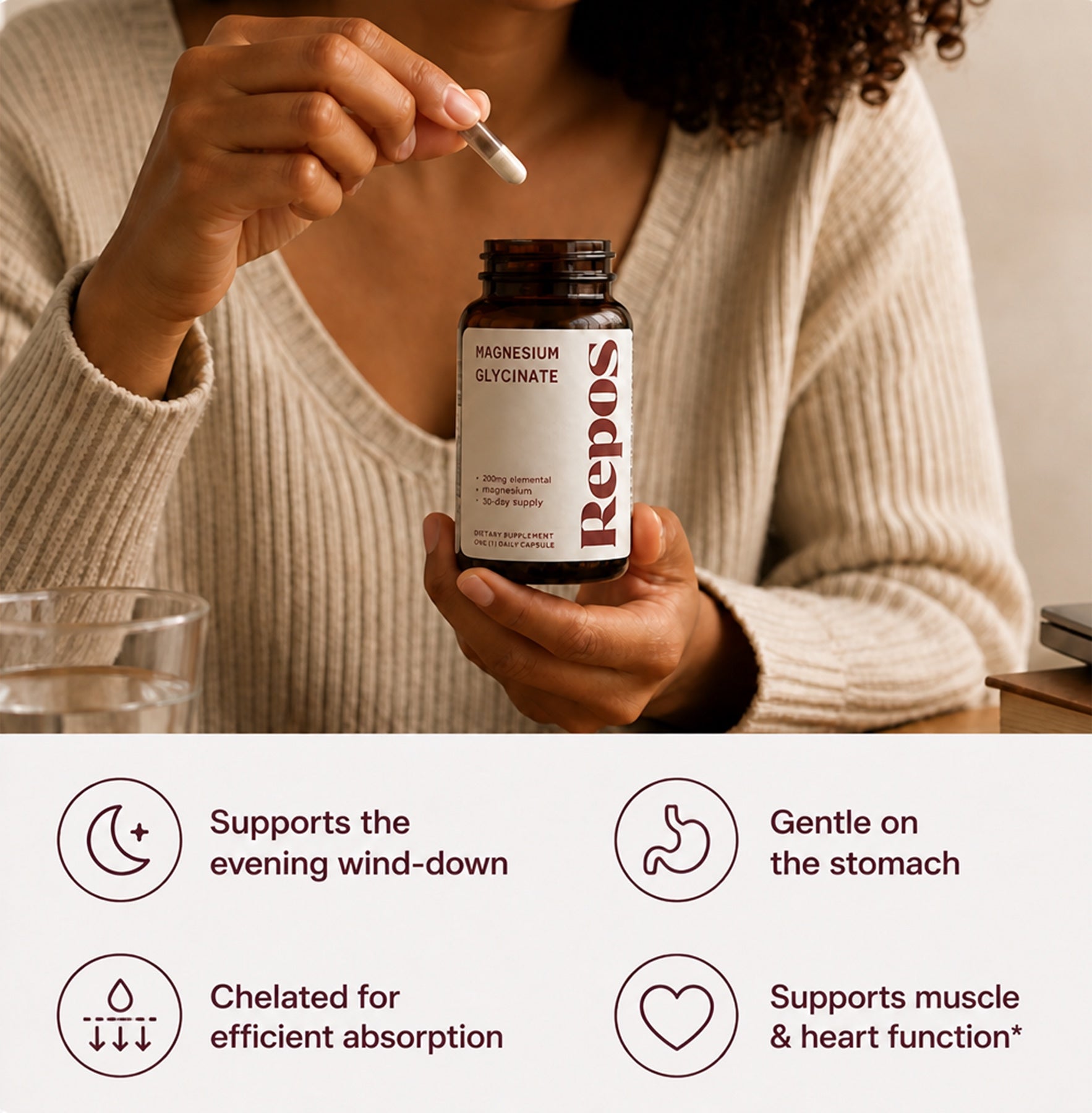 Repos magnesium glycinate benefits: evening wind-down, gentle on the stomach, efficient absorption, muscle and heart support
